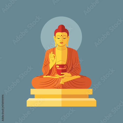 A stylized illustration of a seated Buddha figure in a meditative pose with a serene expression.