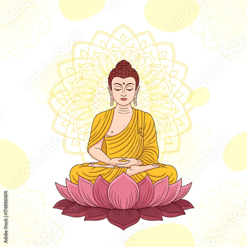 A serene depiction of Buddha meditating in a lotus pose, radiating peace and enlightenment against a backdrop of a decorative mandala pattern and soft yellow circles.