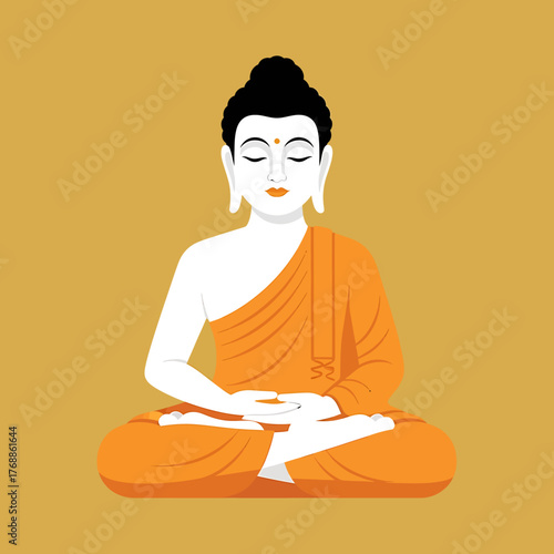 A serene depiction of Buddha meditating in a lotus pose, adorned in traditional saffron robes, with eyes closed in peaceful contemplation against a warm ochre background.