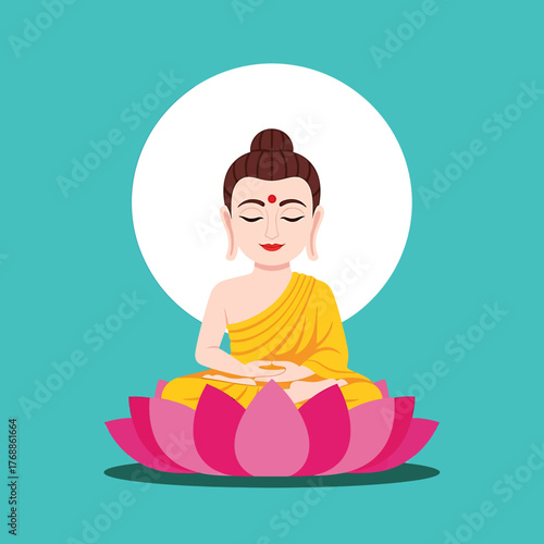 Cartoon illustration of Buddha meditating peacefully in a lotus position on a vibrant pink lotus flower with a white halo.
