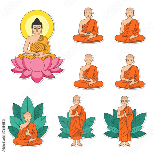 Illustrative depiction of Buddha figures in various meditation poses, with lotus flowers and leaf elements.