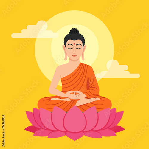 A serene illustration of Buddha meditating on a lotus flower, radiating enlightenment.