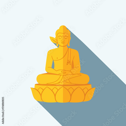 A golden Buddha statue in a seated meditation pose, atop a lotus flower.
