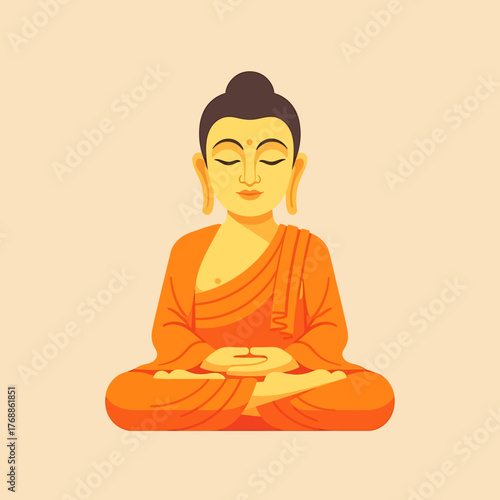 A serene illustration of a seated Buddha in meditation posture, eyes closed, hands together.