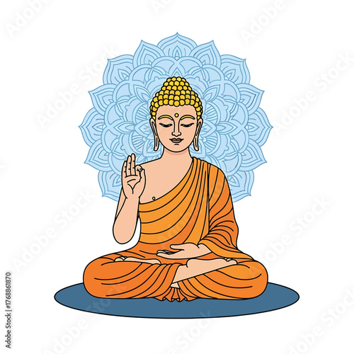 Illustration of a seated Buddha figure in a lotus position, wearing an orange robe, with a light blue mandala background.