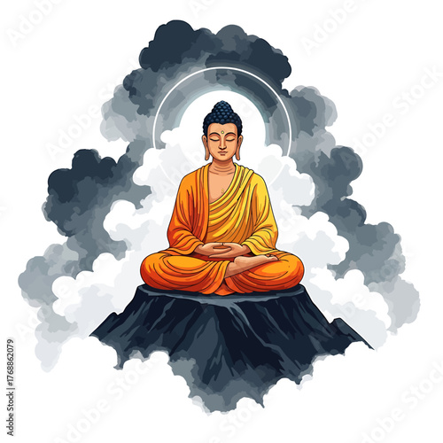 A serene Buddha figure in meditation, seated cross-legged atop a rocky peak, surrounded by swirling clouds and a luminous halo, symbolizing enlightenment and peace.
