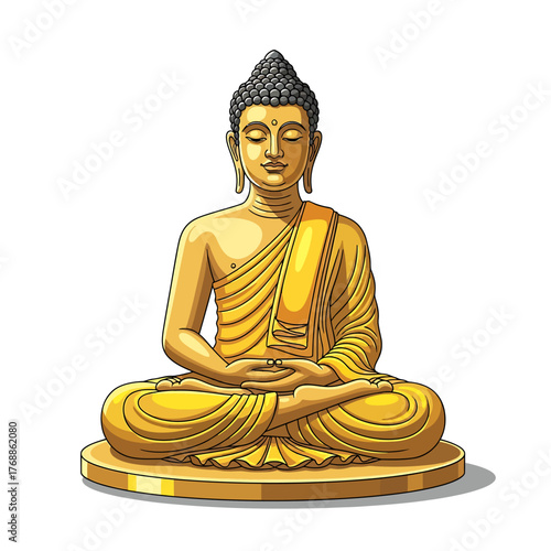A golden illustration of Buddha meditating peacefully in the lotus position on a white background.