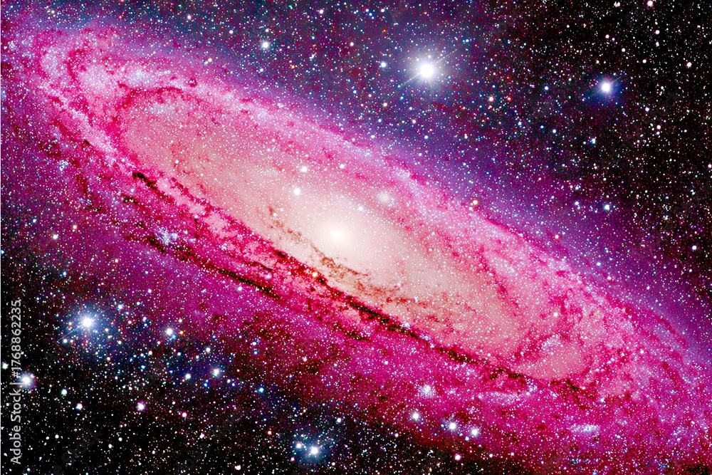 Fototapeta premium Spiraling galaxy shines in vibrant shades of pink and white