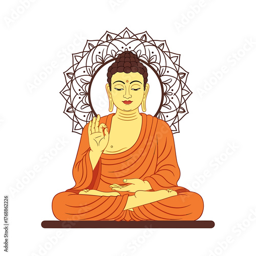 A serene illustration of Gautama Buddha in orange robes, seated in a lotus position with a teaching gesture before an ornate mandala.
