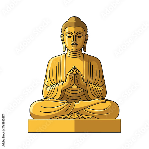 A serene, golden illustration of the Buddha meditating in the lotus position on a pedestal.