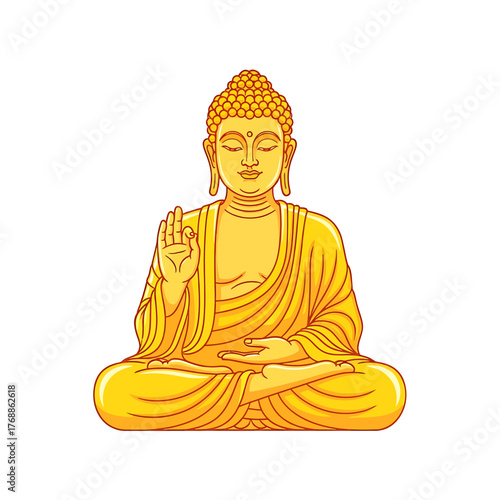 A serene golden statue of Buddha in a meditative pose, with eyes closed and hands resting in his lap, symbolizing peace and enlightenment.