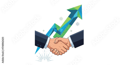 Handshake with upward arrow a symbol of business growth and success illustration isolated on white background