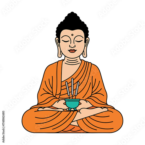 An illustration of Buddha meditating in the lotus position while holding a bowl with incense sticks.