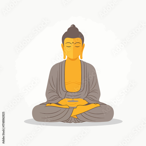 Buddha in lotus position meditating with hands in lap, wearing a robe, against a white background.