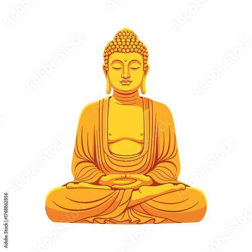 Golden Buddha statue in a lotus position, meditating with hands resting in the lap, isolated on a white background.