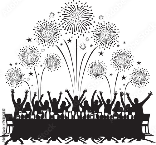 New Year's Eve Celebration Crowd with Fireworks Silhouette