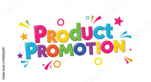 Colorful product promotion lettering vibrant typography with confetti and stars ideal for marketing campaigns and advertising materials