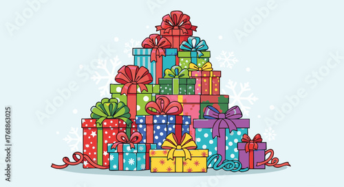 Vibrant stack of beautifully wrapped holiday gifts, adorned with colorful ribbons and bows, ready for festive celebrations and joyful occasions