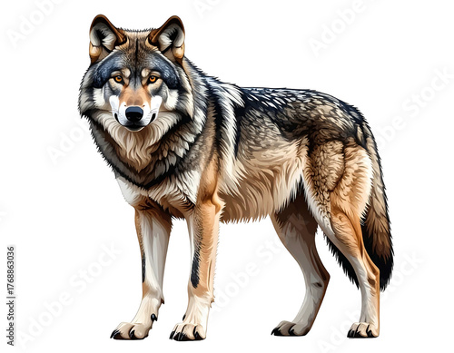 Detailed wolf illustration, focused pose, with a black background for good contrast and a clean look