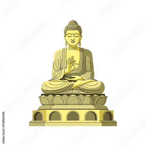 A serene golden Buddha statue sits in a meditative pose atop an ornate, multi-tiered pedestal, symbolizing peace and enlightenment.