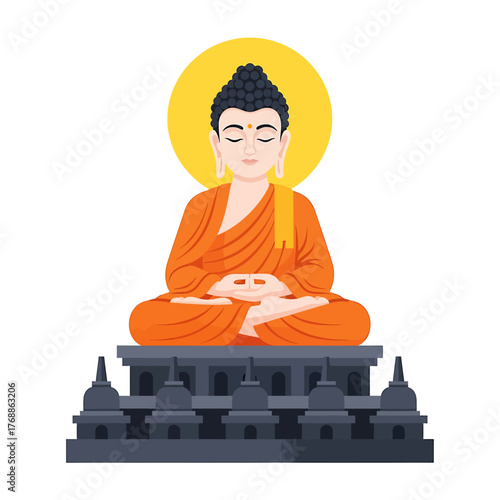 A serene Buddha figure in meditation, adorned in saffron robes, seated on a tiered platform, radiating a golden halo of enlightenment.