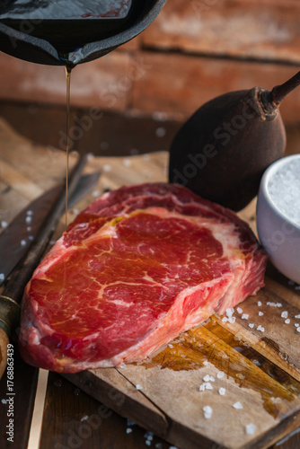 Wagyu Meat with Salt on Chopping Board