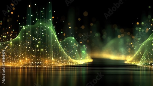 Wallpaper Mural An abstract digital visualization featuring glowing green and gold waves, illuminated by scattered light particles against a dark background. Torontodigital.ca