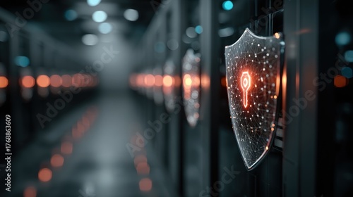 A futuristic data center featuring glowing shields, symbolizing cybersecurity and advanced technology, with a sleek, modern aesthetic.