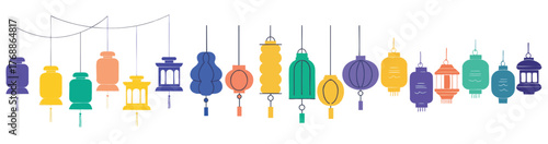 Colorful oriental lantern icon set with traditional Asian hanging lights for festival and celebration design
