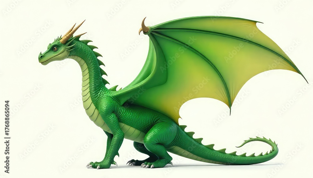 Fototapeta premium A green dragon with large wings and horns standing on a white background in a side view pose