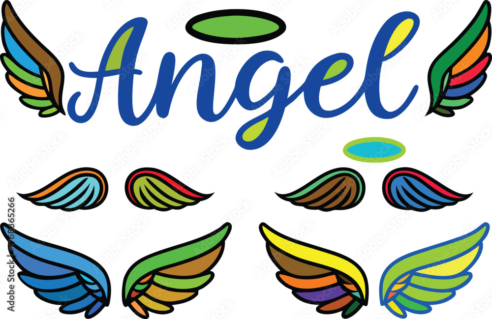 Obraz premium Colorful angel wings and text collection for creative design projects and artwork vector