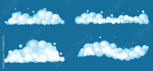 Set of cartoon soap bubble blue background, bath foam frame, shower water pattern, laundry transparent suds.	