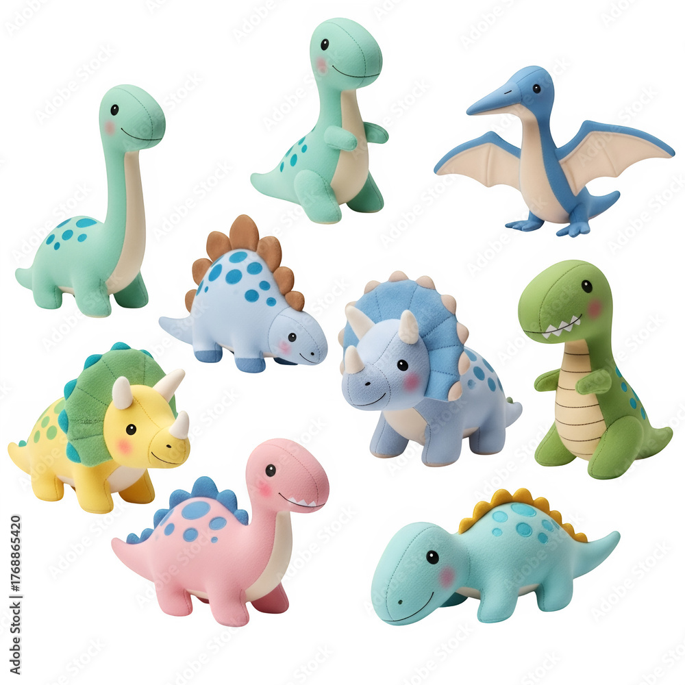 Naklejka premium Cute and adorable dinosaur dolls perfect for playful decor or imaginative playtime, isolated on white or transparent background. PNG