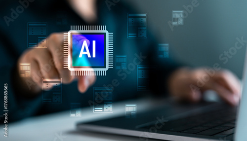 Foto Close-up hand of person interacting with digital AI chip on laptop