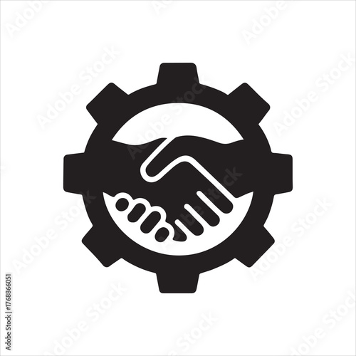 Handshake within a gear collaboration concept depicting business partnership and engineering teamwork for a successful venture and project agreement