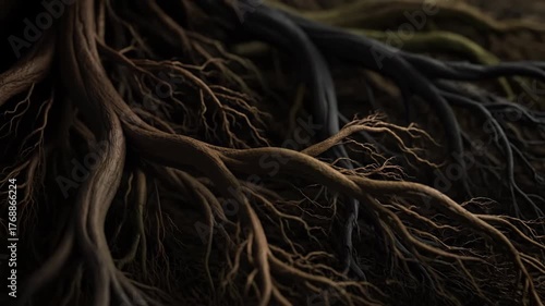 Seamlessly looping abstract organic branching lines reminiscent of growing tree roots in dark earthy colors growth, calm, roots