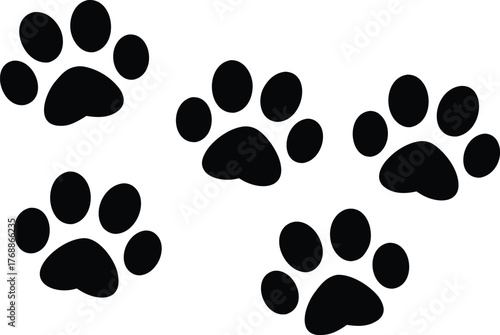 Set of five black paw prints decorative element for pet lovers and animal enthusiasts vector