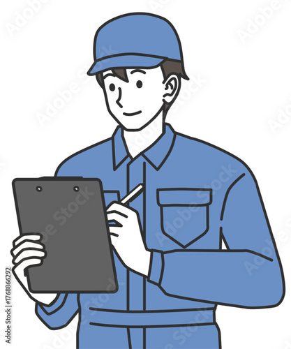 Engineer writing report in blue work clothes