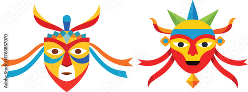 Vibrant Peruvian Festival Mask with Bright Flat Colors, Traditional Cultural Art, Colorful Handmade Mask Design, Ethnic Heritage Celebration, Carnival Decorative Artwork, Folk Craft Pattern