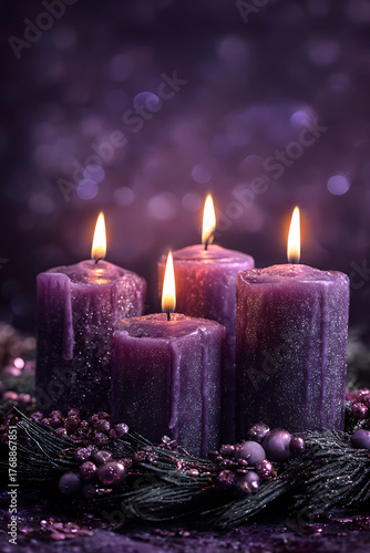 Glowing Purple Advent Wreath with Four Lit Glittery Candles and Bokeh Background