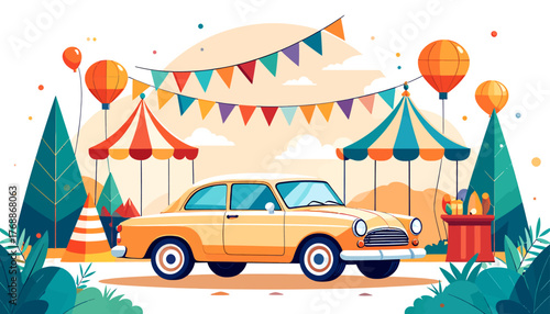 A vintage yellow car parked at a vibrant outdoor festival with colorful tents, balloons, and bunting.