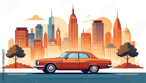 Orange vintage car driving on a road with a modern city skyline and trees in a warm, illustrative style.