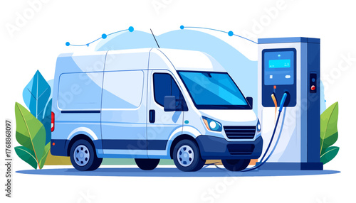 White electric delivery van charging at a modern EV station, representing sustainable urban logistics and clean energy transport.