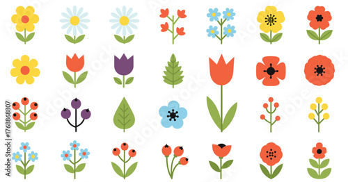 Vector set of simple flat flowers. Scandinavian style geometric floral elements collection. Cute folk art flower, leaf, and berry icons for design.