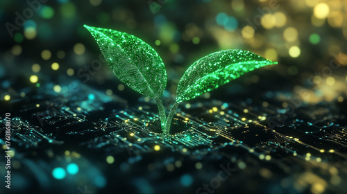 green seedling sprouting from an abstract digital currency base, representing the growth of sustainable finance, green economy, and eco-friendly investments. The visual symbolizes innovation, environm