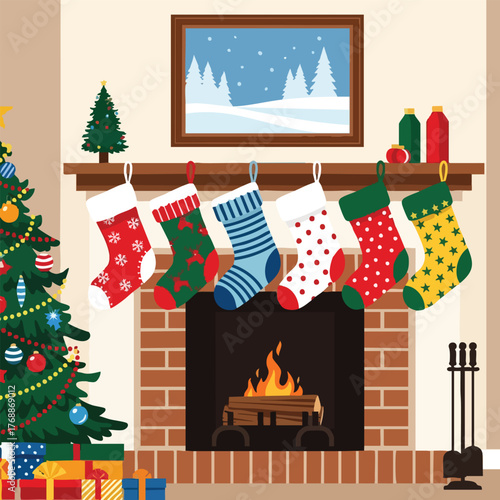 Cozy and Festive Christmas Evening Scene with Decorated Tree, Glowing Fireplace, and Hanging Stockings