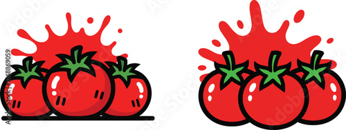 Tomato cartoon icon set with juice splash. Fresh vegetable vector illustration for food logo, ketchup, or sauce label.