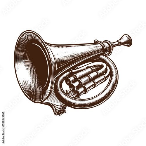Western Brass Bugle Horn – Vintage Cowboy Instrument Illustration in Black and White