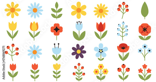 Collection of colorful flat design flowers. Vector set of simple floral icons including daisy, tulip, poppy, and berries for spring and summer decoration.