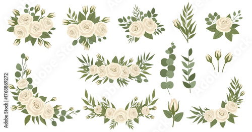 Set of elegant white rose and eucalyptus floral arrangements. Vector collection of bouquets, corners, and branches for wedding invitation and greeting card design.